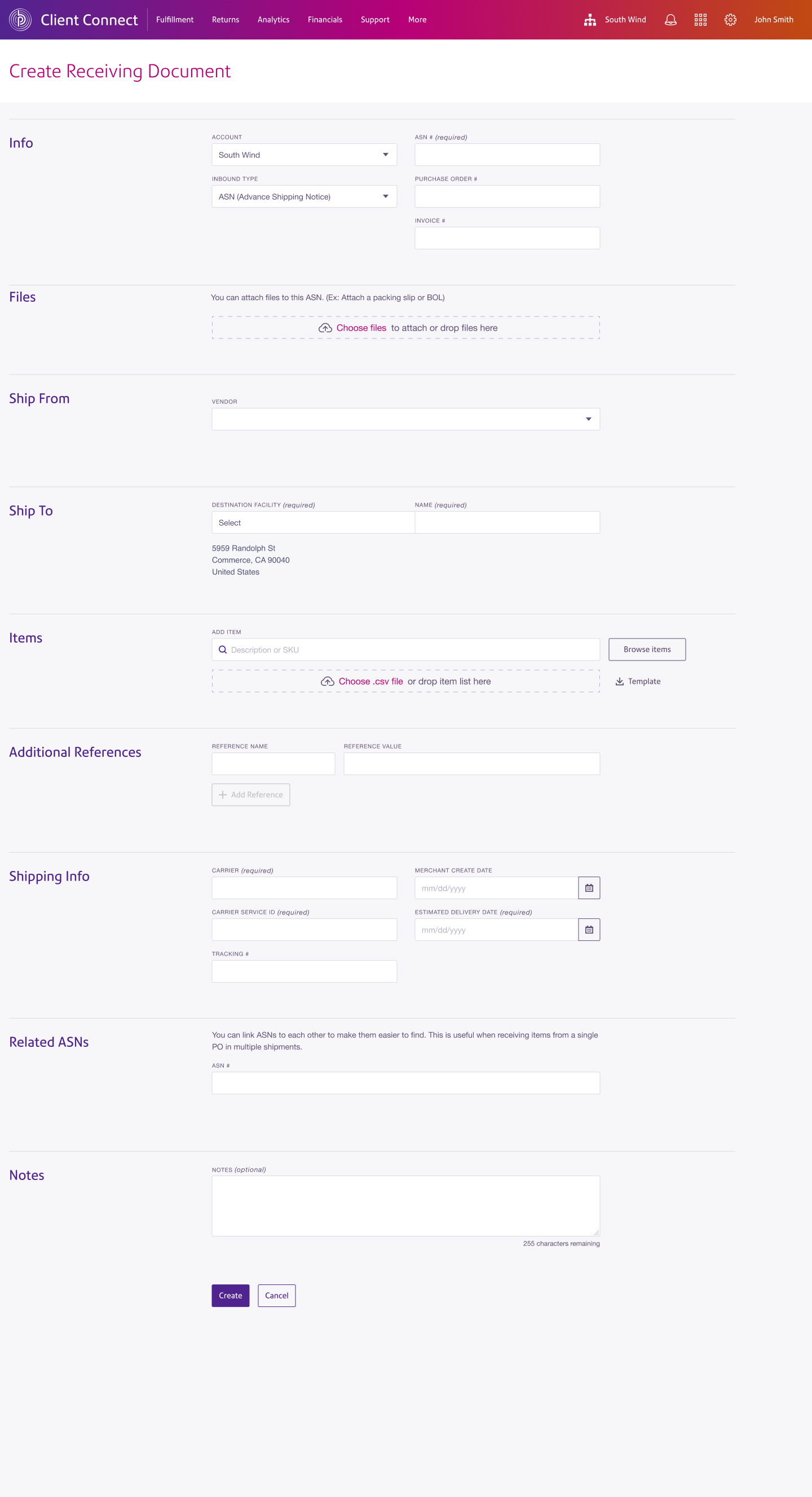 create receiving documents