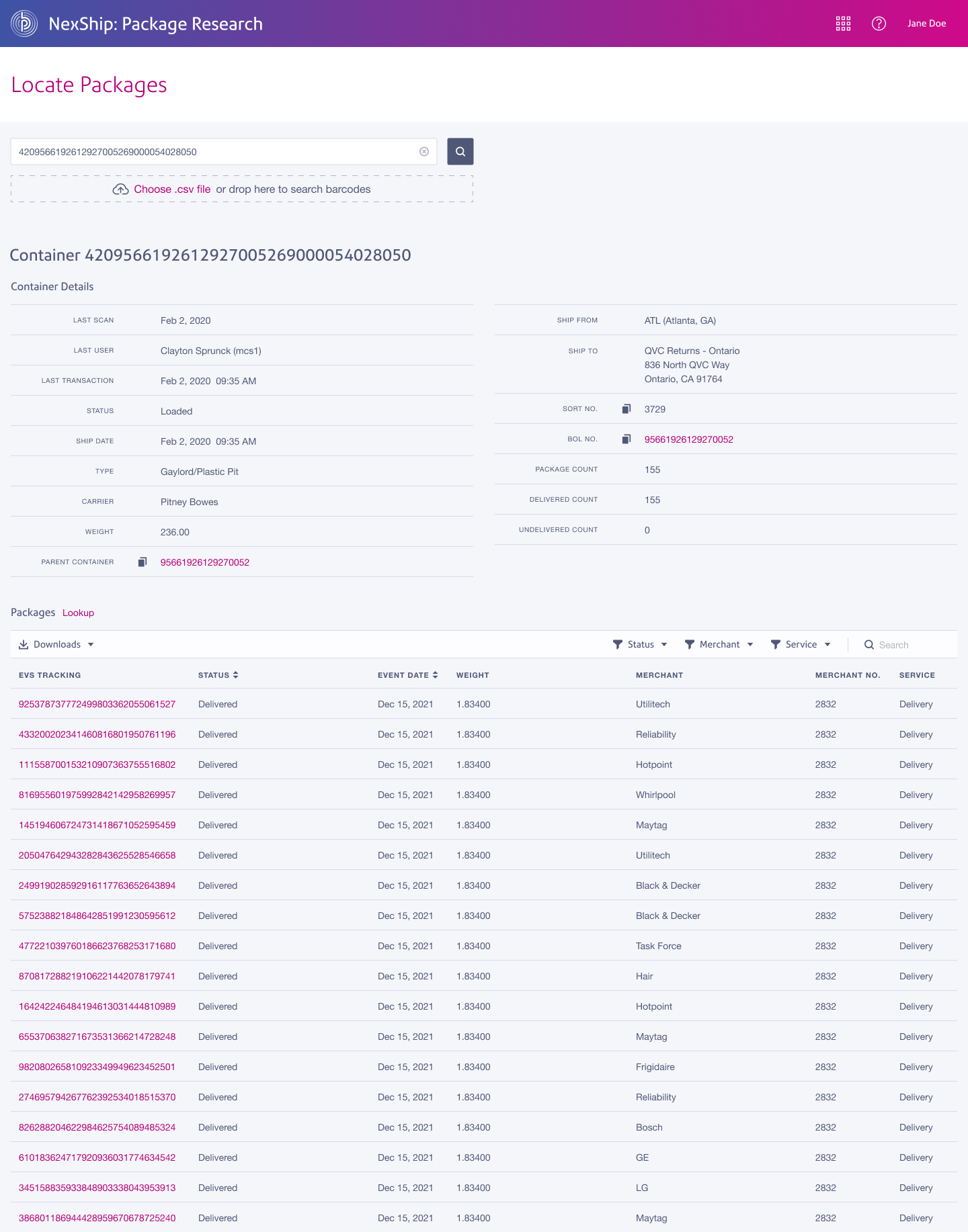 container results page